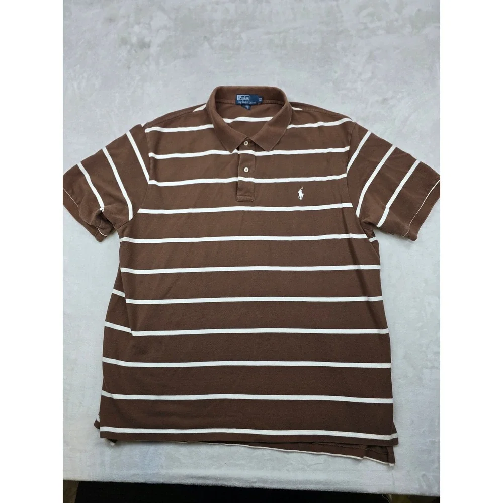 Polo Ralph Lauren Polo Shirt Mens 2XB Big Tall Brown White Striped‎ Work Chore